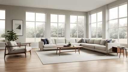 Fototapeta premium Modern light beige sectional sofa with wooden legs in a bright living room overlooking a tranquil landscape.