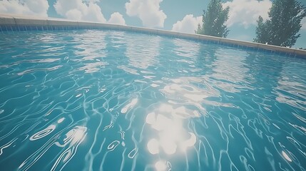 Obraz premium The gentle ripples on a pool's surface creating reflections of fluffy clouds in the sky. The soft movement of the water enhances the calm, serene atmosphere of the scene