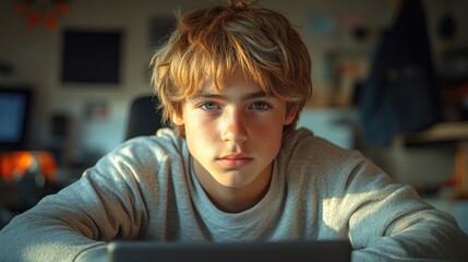 A Portrait of a Young Person with Blond Hair and Blue Eyes Looking Forward
