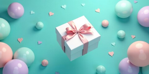 A delightful pastel present sits amongst cheerful spheres and hearts, conveying a feeling of joy and celebration.