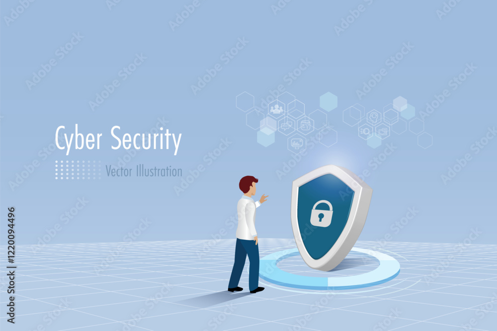 Poster businessman touch padlock security shield for identify and access to business and financial data net