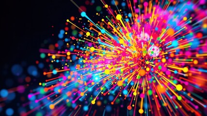 A vibrant explosion of colorful dots and lines radiating from a central point, creating a dynamic and energetic visual effect against a dark background.