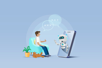 AI chat robot on smartphone communicate with human on couch. Artificial intelligence innovation technology generates smart solution, service communication support. 3D vector.