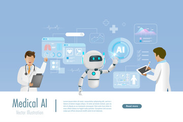 AI robot touch AI medical data network connecting. Artificial intelligence innovation technology for diagnosis, care, and increasing accuracy patient treatment. Medical research and development.
