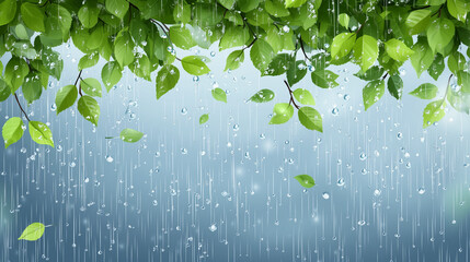 April Showers Day banner, Illustration of light rain drops falling on fresh green leaves, light blue to bright grey gradient background, Ai generated images