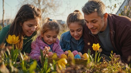 Fototapeta premium Four family members enjoy a delightful spring afternoon as they search for vibrant Easter eggs hidden among wildflowers, sharing laughter and excitement in the beautiful sunlight.