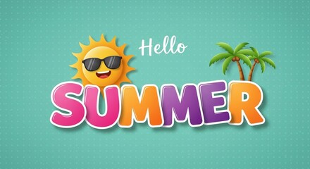 Summer hello text greeting vector design. Hello summer typography with sun and pam tree paper cut elements in blue dot pattern background. Vector illustration summer greeting design.

