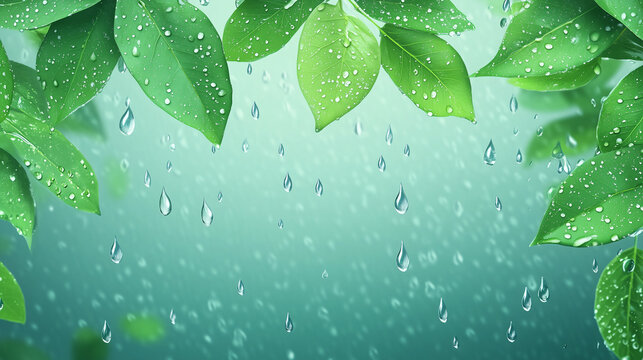 April Showers Day banner, Illustration of light rain drops falling on fresh green leaves, light blue to bright grey gradient background, Ai generated images
