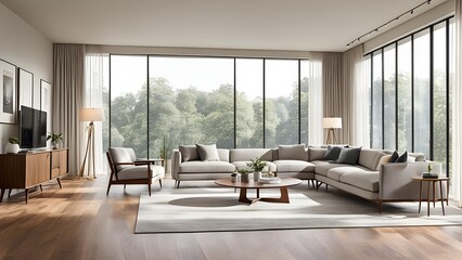 Modern living room interior with large sectional sofa, wooden coffee table, and floor-to-ceiling windows overlooking a lush green landscape.