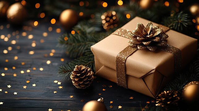 holiday background features a wrapped gift, pine branches, and golden ornaments arranged on a rustic wooden surface. Perfect for Christmas cards, banners
