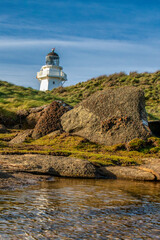 The iconic Waipapa Point Lighthouse emerging above the tussock covered sand dune on the south west...