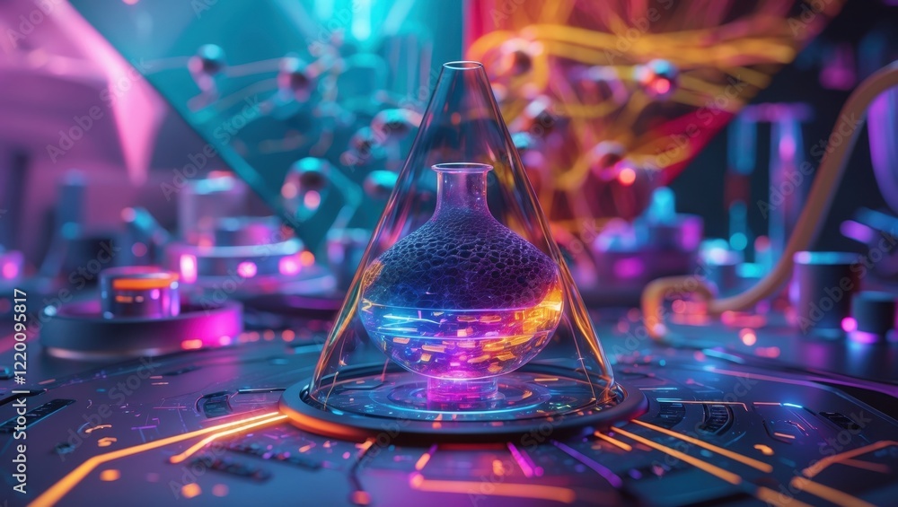 Aufkleber a glowing laboratory scene featuring a colorful flask surrounded by vibrant circuits and abstract el