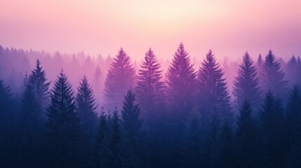 forest at dusk, where the sky is filled with soft hues of purple and pink, casting a peaceful glow over the trees