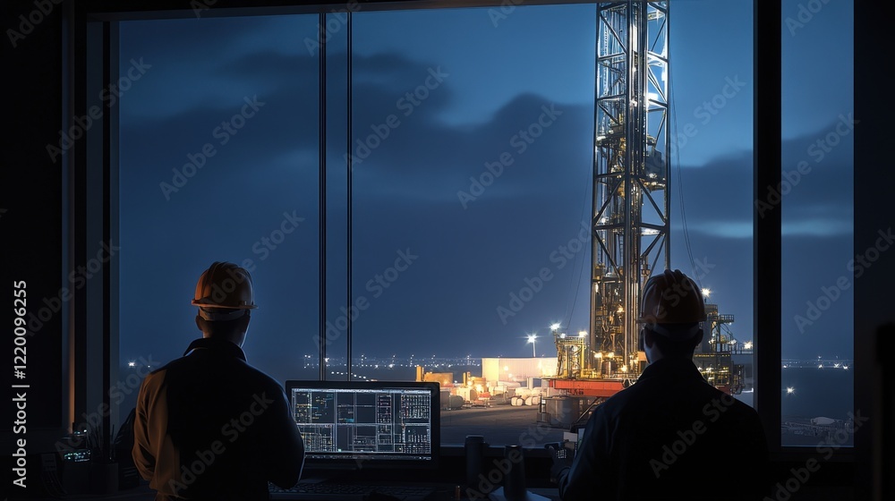 Poster engineers observing the status of a well drilling rig as it reaches its target depth.