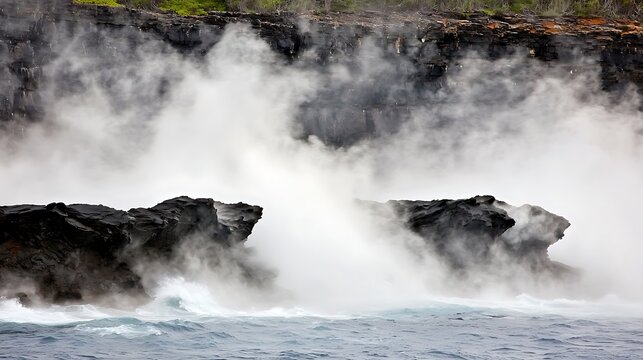 Powerful ocean waves crashing into dark rocks on a foggy day, with the mist creating an atmospheric, almost mystical effect. The wavesâ€™ motion is heightened by the dense fog, creating a dramatic