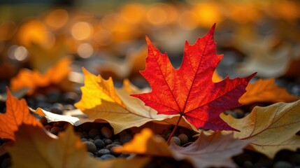 Fototapeta premium A vibrant red maple leaf rests amongst a carpet of golden autumn leaves, illuminated by the warm glow of the setting sun, creating a breathtaking autumnal scene.