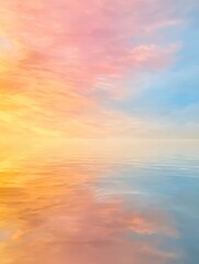 A serene landscape featuring a tranquil water surface reflecting a pastel sky with shades of pink, orange, and blue.