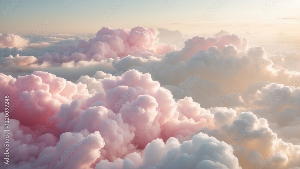 Poster a serene view of fluffy pink and white clouds illuminated by soft sunlight, creating a dreamy atmosp