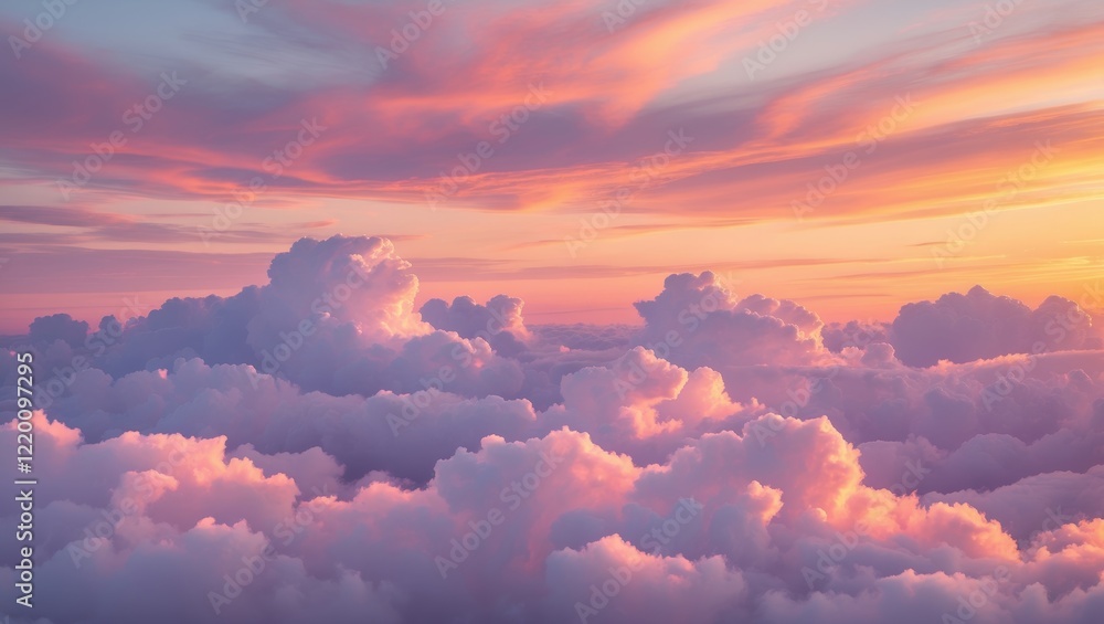 Aufkleber a serene sky filled with fluffy clouds, illuminated by a colorful sunset, creating a tranquil and pi