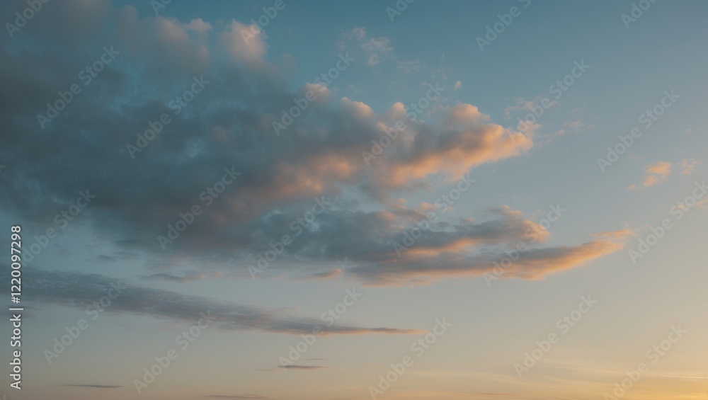 Poster a serene sky filled with soft clouds and a gentle gradient of colors during sunset, creating a tranq