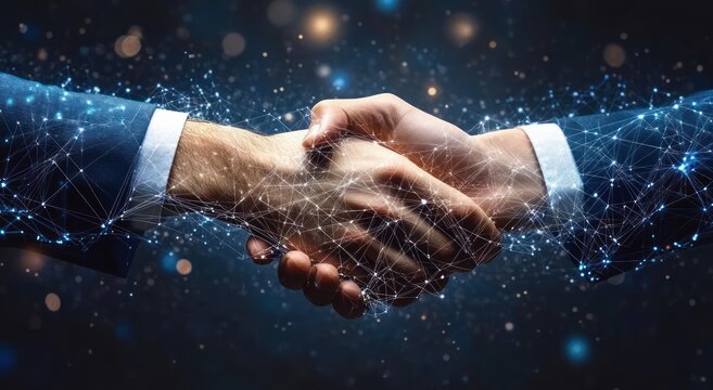 Futuristic Hands Shaking in Cosmic Background for Technology Partnership and Collaboration