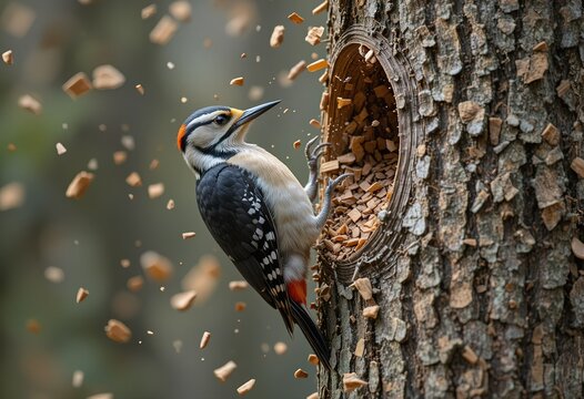 A white-backed woodpecker dynamically forages in a tree, wood chips flying around it.