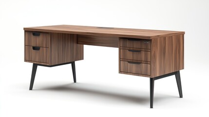 Stylish L shaped desk with three drawers and two cabinet doors on the right side, in a walnut wood color, black metal legs, white background,