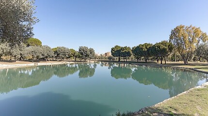 Obraz premium A tranquil lake with calm water reflecting the surrounding trees and the clear sky, creating an almost flawless mirror image. The stillness of the water and the vibrant green of the trees add