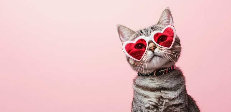 Charming tabby cat in white heart-shaped glasses and a patterned collar set against a pink backdrop. Perfect for Valentine’s Day campaigns, pet-themed promotions, and romantic designs
