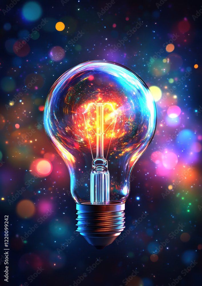 Poster a mesmerizing light bulb ignites with cosmic energy against a backdrop of colorful bokeh, capturing 