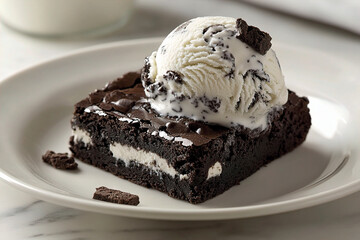 A close-up view of a chocolate brownie topped with an ice cream scoop on a plate. (Generative AI)