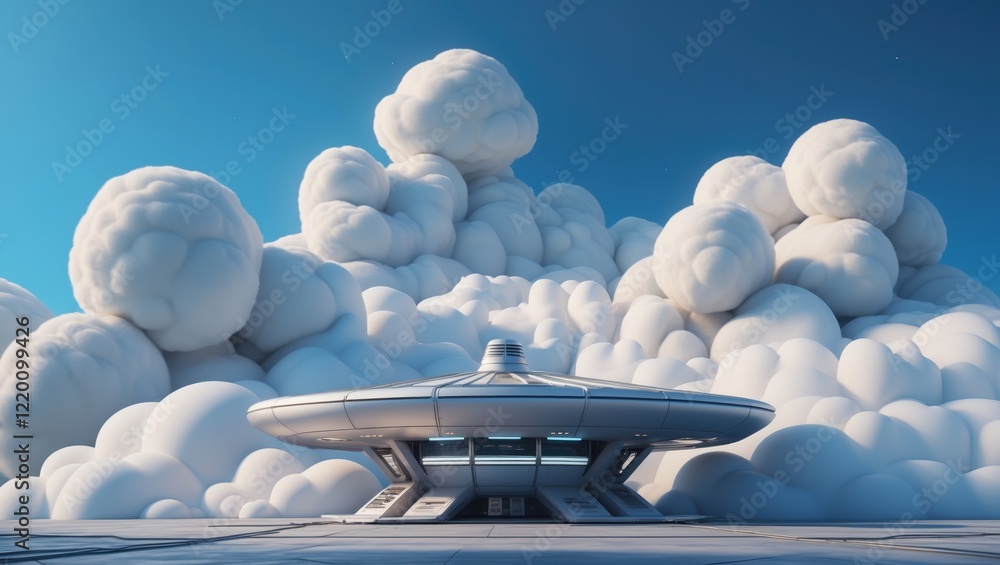 Poster a futuristic structure resembling a spaceship is surrounded by large, fluffy clouds against a clear 