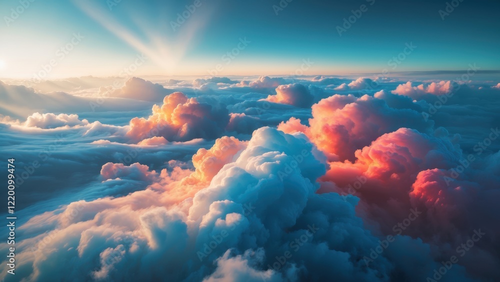 Poster a breathtaking view of colorful clouds illuminated by sunlight, creating a serene and dreamy atmosph