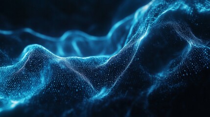 15.2. A futuristic digital background with binary numbers floating in a dynamic wave pattern, representing data transmission, glowing in vibrant blue hues against a black background.