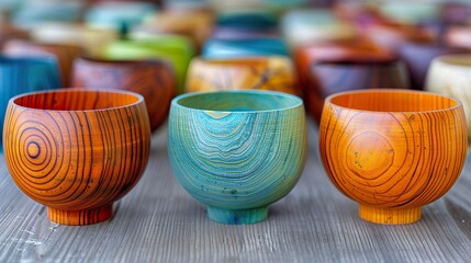 A detailed image of handcrafted wooden items with unique textures and finishes, such as artisanal bowls or bespoke furniture. 