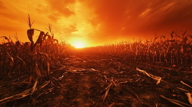 65.5. A ghostly image of a cornfield in ruin, its once abundant crops now dead and drooping, set beneath an ominous orange sky, reflecting the oppressive effects of extreme weather on agriculture.