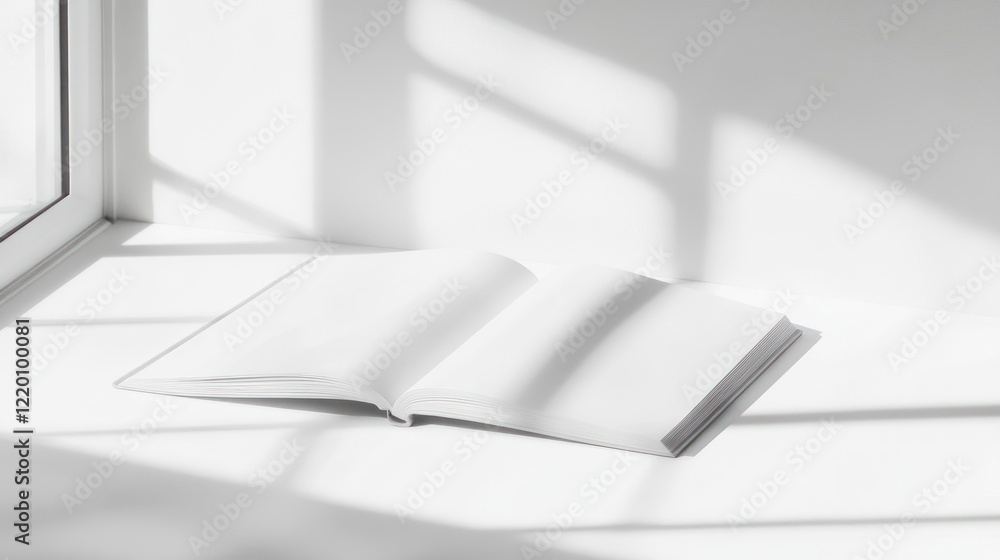 Poster open blank book on a white surface with window light casting shadows creating a calm minimal atmosph