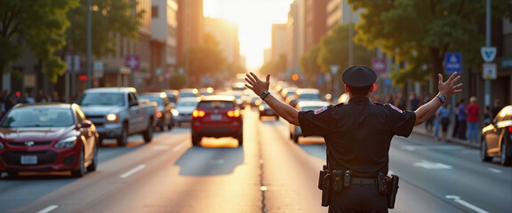 Police officer directing traffic in busy city street at sunset, community safety