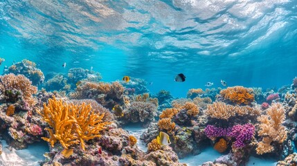 52.27. An immersive underwater shot of a biodiverse coral reef, with large coral formations in soft blues, pinks, and yellows, alongside a variety of fish and marine plants in crystal-clear waters.
