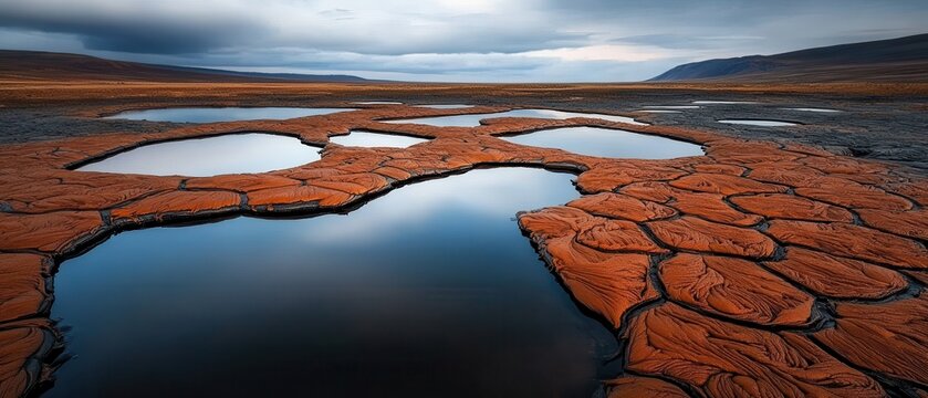 Reflections land illusion concept. Vast landscape of earthy tones and reflective water pools under a dramatic sky, showcasing nature's intricate patterns.