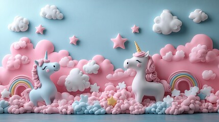 Trendy pastel pink kawaii banner background design template displays cute air plasticine handmade cartoon animals, unicorns, stars, and rainbows.