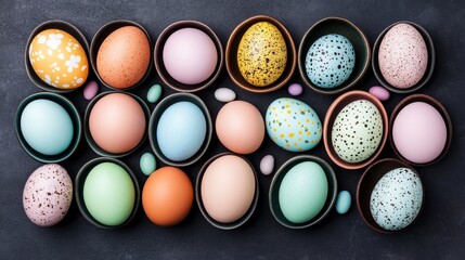 Colorful Easter Eggs Arranged in Bowls on Dark Surface