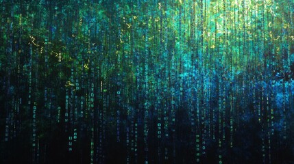 14.1. Streams of glowing binary code cascading in a grid-like fashion, creating a dense digital matrix effect with a cool blue and green color palette.
