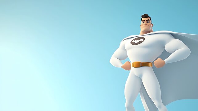 A cartoonish superhero stands in front of a blue background