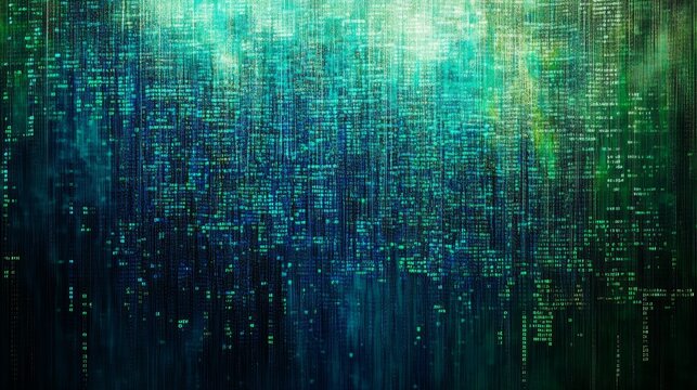 14.1. Streams of glowing binary code cascading in a grid-like fashion, creating a dense digital matrix effect with a cool blue and green color palette.