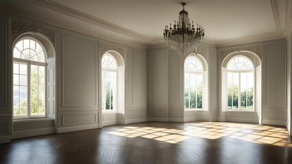 Sunlit empty room with ornate molding, arched windows, hardwood floors, and a crystal chandelier.