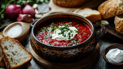 Traditional Russian borscht with sour cream and bread. Featuring a hearty and tangy dish. Highlighting the texture and flavors of the borscht. Ideal for food and cultural themes.