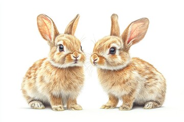 Fototapeta premium Two cute light brown rabbits, one standing and one sitting, on a white background, full-body shot in side view, high-definition photography.