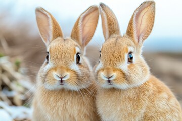 Two cute light brown rabbits, one standing and one sitting, on a white background, full-body shot in side view, high-definition photography.