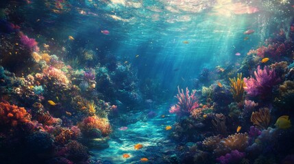 Fototapeta premium 58.33. An underwater close-up of a vibrant coral reef, with various species of corals and a variety of marine plants, creating a bustling, colorful ecosystem teeming with marine life.